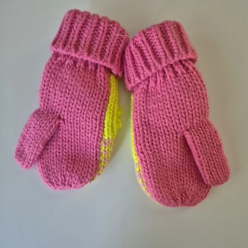 Handmade Pink Yellow Blue Pom Pom Crochet Mittens Womens Small or Girls Large